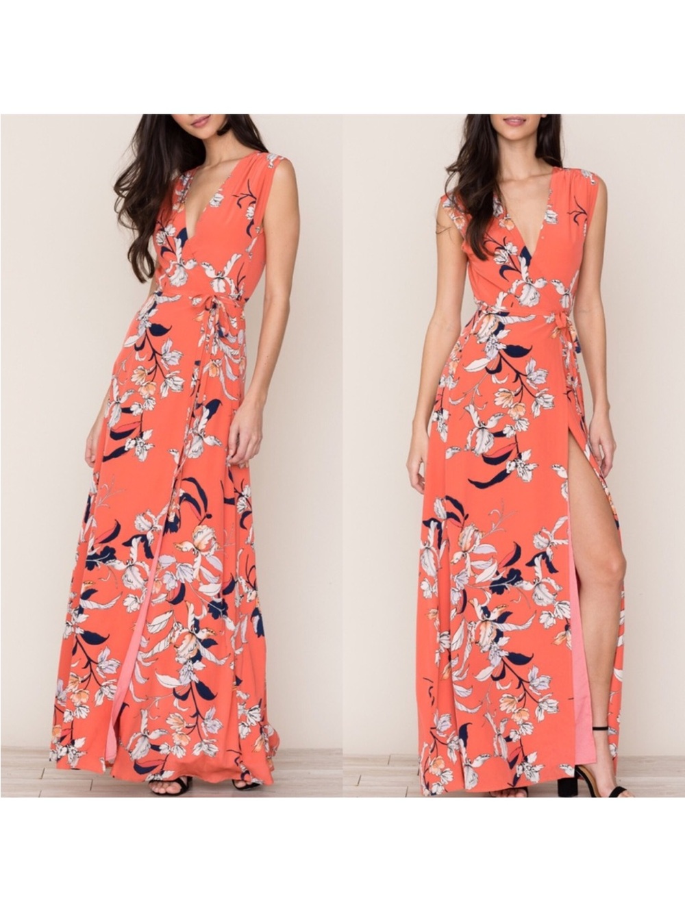 Yumi Kim Coral Floral Maxi Dress with Navy & White Print
